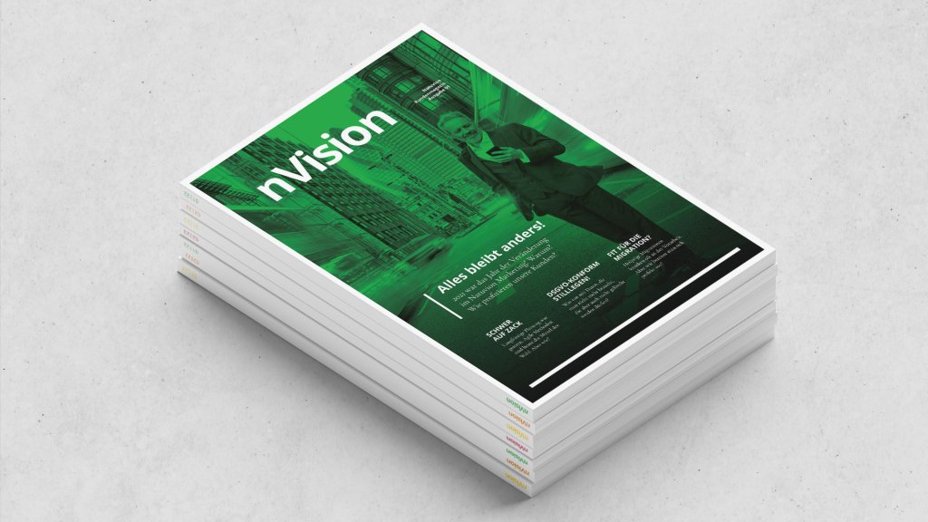 Referenzbilder Natuvion nVision, Editorial Design, Kundenmagazin, neue Corporate Identity, HFNR Hüfner Design, München.