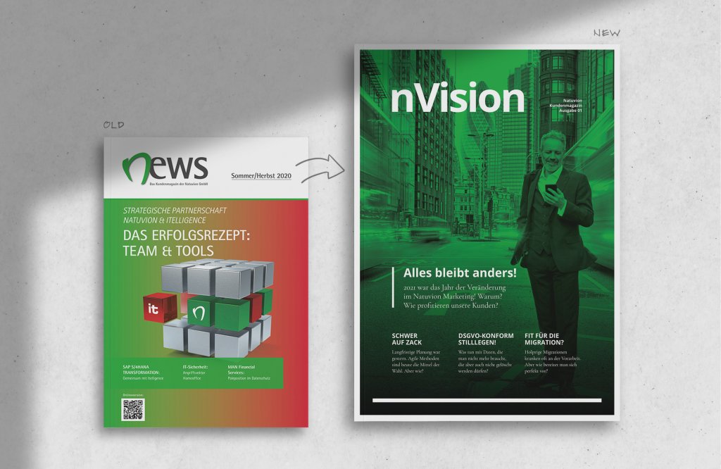 Referenzbilder Natuvion nVision, Editorial Design, Kundenmagazin, neue Corporate Identity, HFNR Hüfner Design, München.