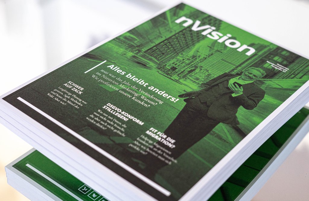 Referenzbilder Natuvion nVision, Editorial Design, Kundenmagazin, neue Corporate Identity, HFNR Hüfner Design, München.