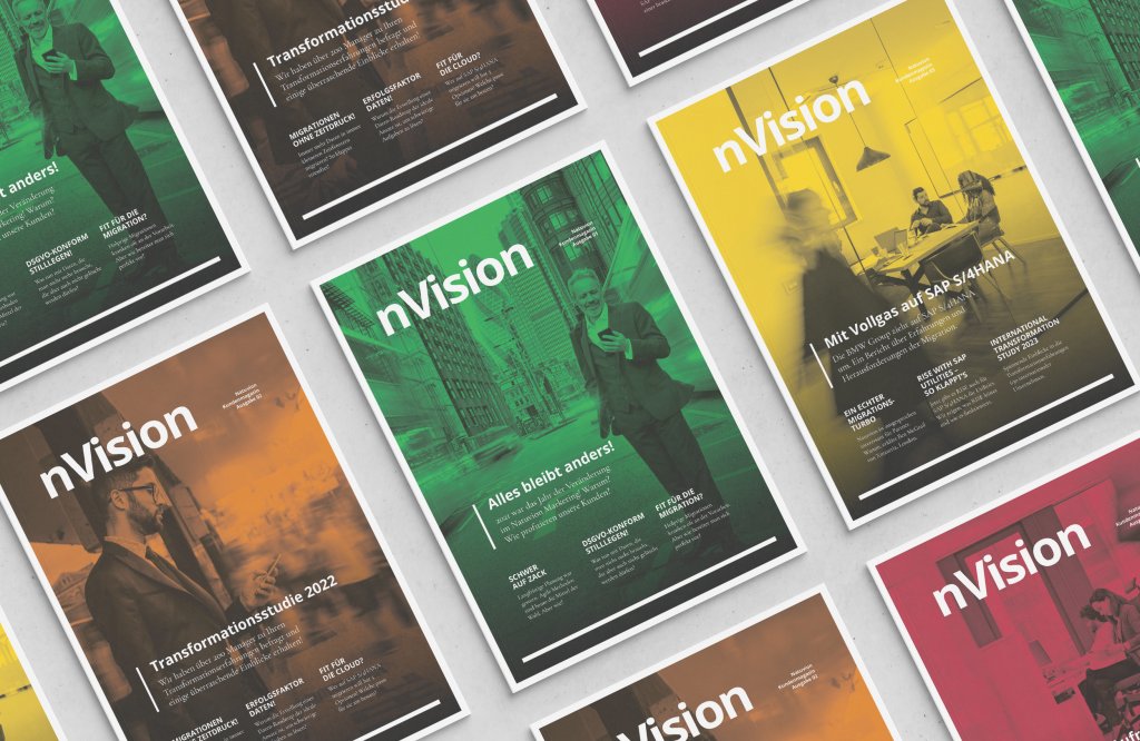 Referenzbilder Natuvion nVision, Editorial Design, Kundenmagazin, neue Corporate Identity, HFNR Hüfner Design, München.