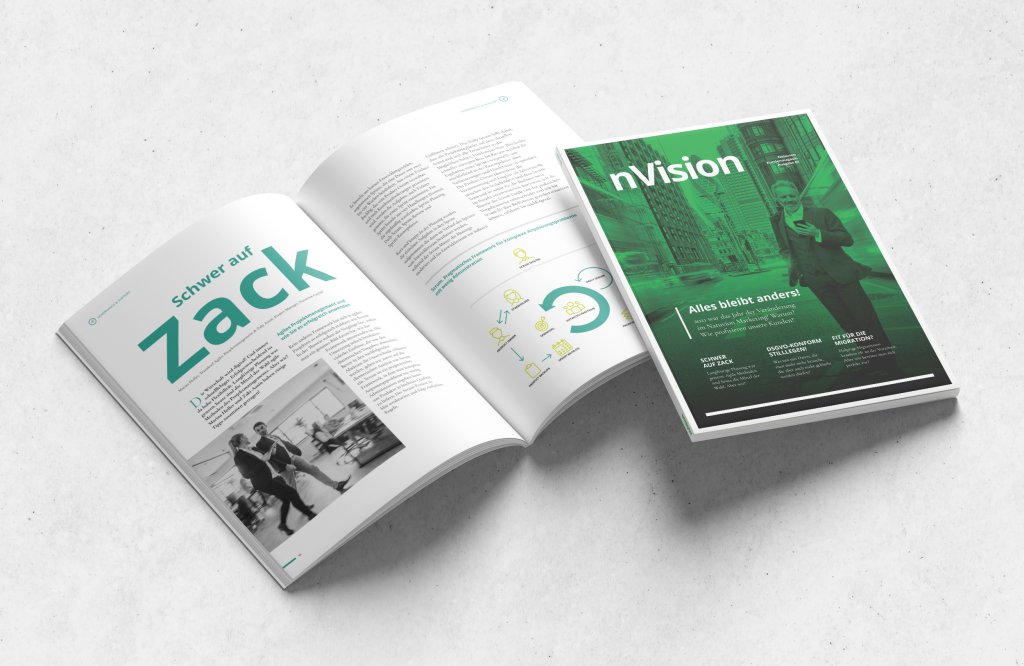 Referenzbilder Natuvion nVision, Editorial Design, Kundenmagazin, neue Corporate Identity, HFNR Hüfner Design, München.
