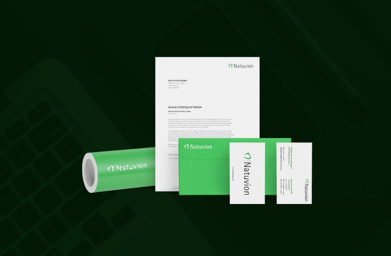 Referenzbilder Natuvion Geschäftsausstattung, neue Corporate Identity, HFNR Hüfner Design, München.