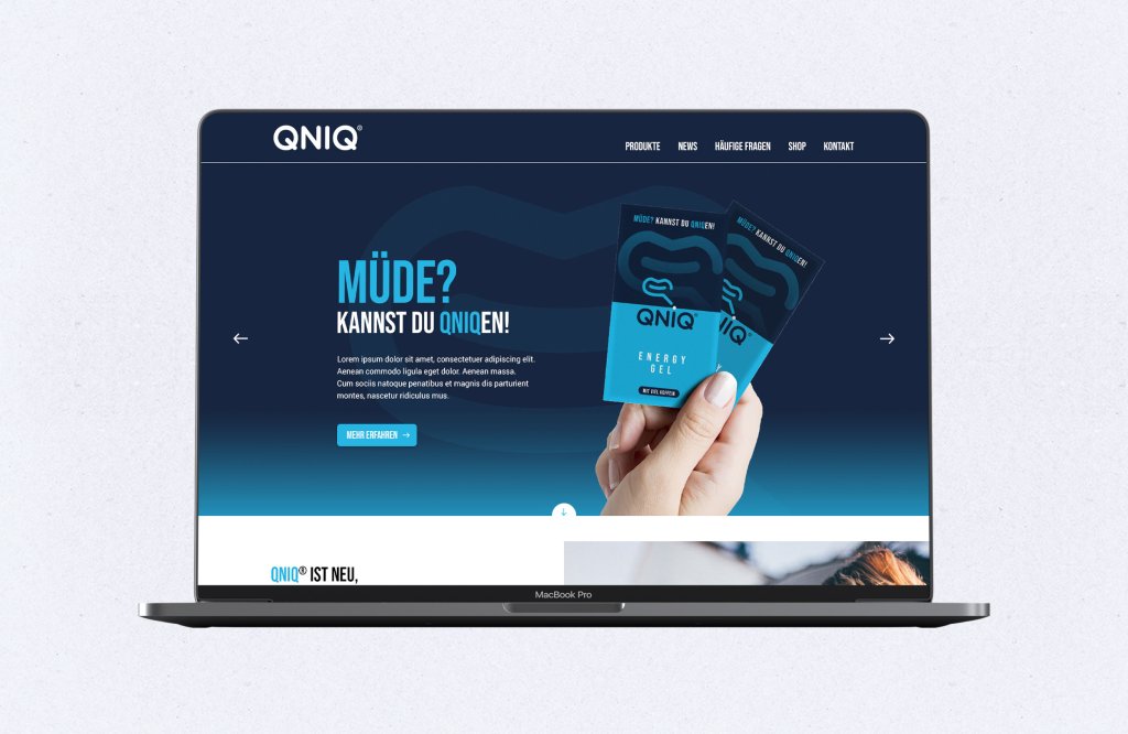 Referenzbilder QNIQ Energy Gel Webdesign, neue Corporate Identity, HFNR Hüfner Design, München.
